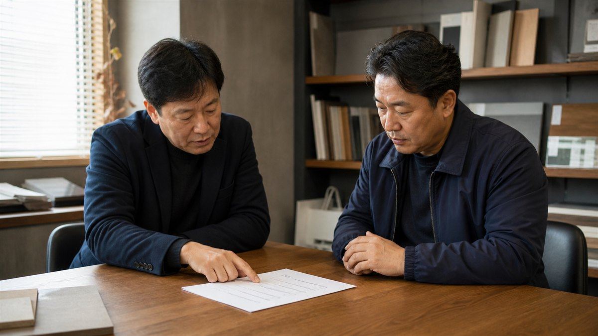 인테리어 상담 테이블에서 점검표 짚어가며 설명하는 대표와 고객