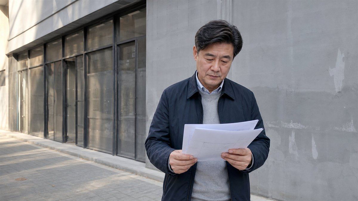 인테리어 견적 서류를 살펴보며 상가 앞에 선 대표