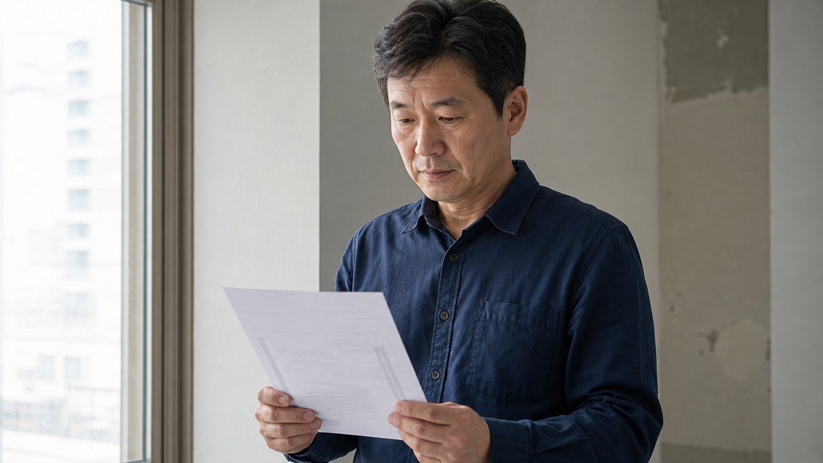 사무실 창가에서 인쇄한 A/S 안내문을 읽어보는 인테리어 업체 대표