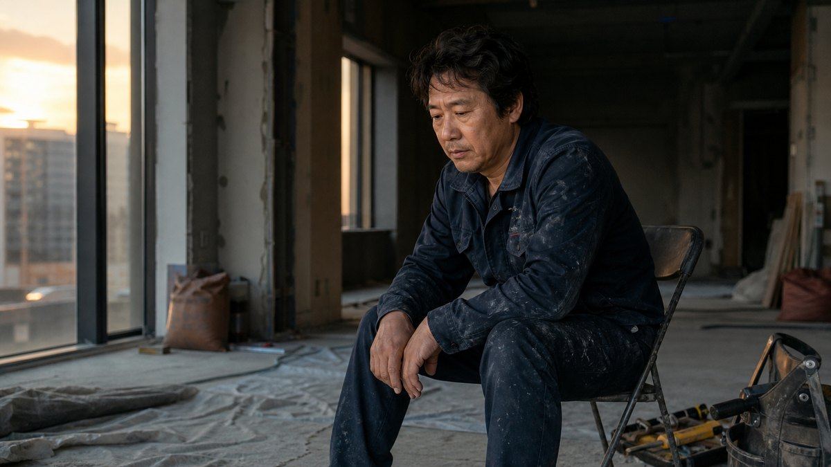 저녁 무렵 작업 중인 현장 한쪽 접이식 의자에 앉아 잠시 쉬는 인테리어 업체 대표