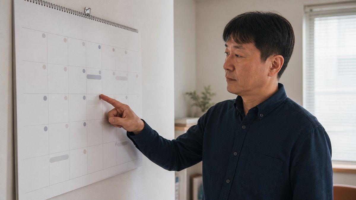 사무실 벽에 걸린 큰 달력 앞에 서서 이번 주를 짚어보는 인테리어 업체 대표