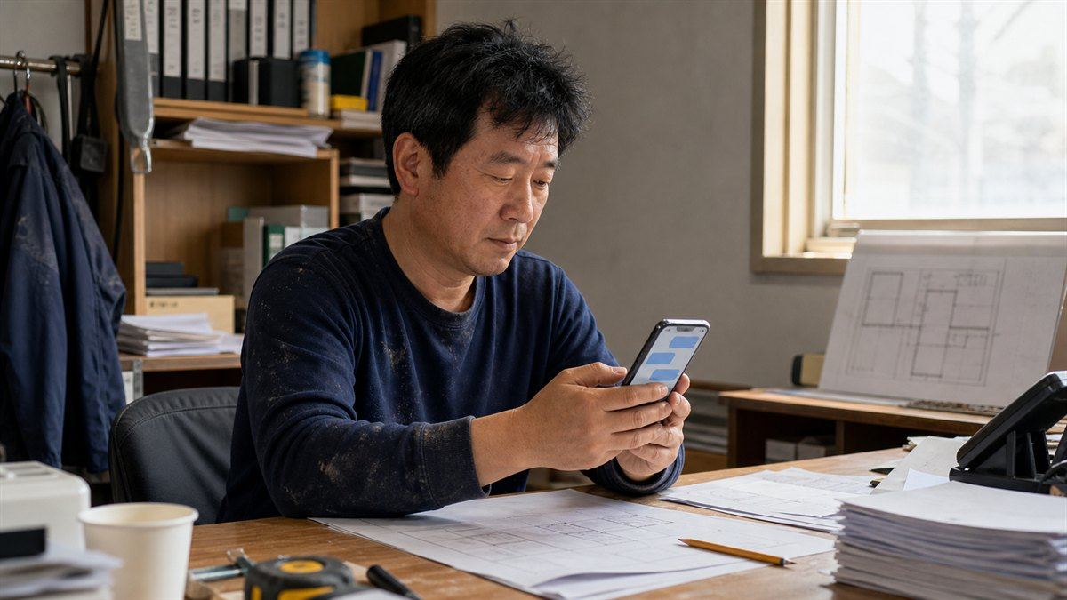 인테리어 업체 대표가 사무실에서 카톡 문의 화면을 확인하는 모습