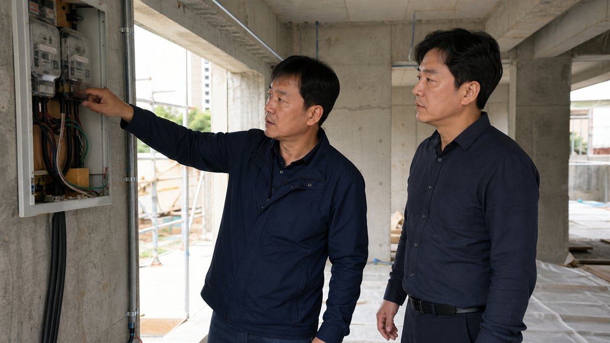 인테리어 업체 대표 두 명이 전기 계량기함을 함께 확인하는 모습