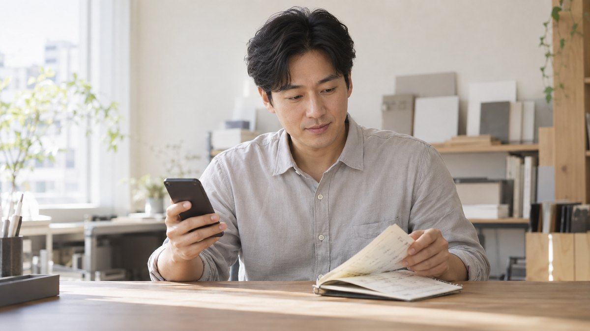 인테리어 업체 대표가 이른 아침 사무실에서 홈페이지 계정 메모를 확인한다