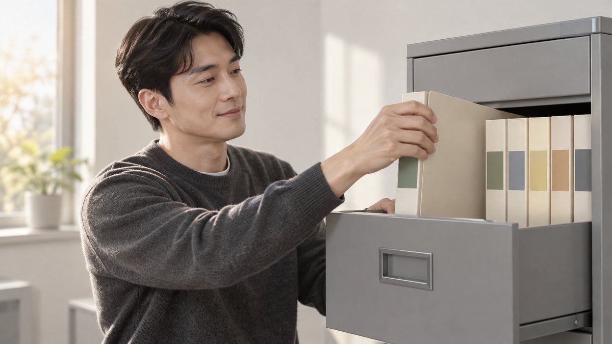 인테리어 홈페이지 인수 자료를 서류함에 보관하는 업체 대표