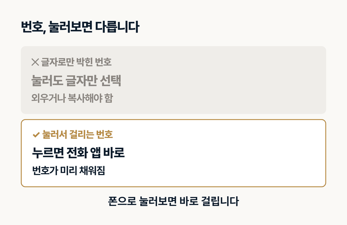 글자로만 박힌 번호와 눌러서 걸리는 번호 비교