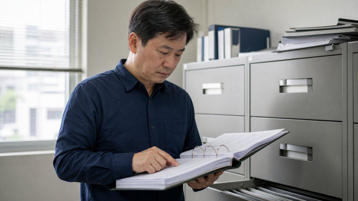 사무실 서랍에서 계약 서류철을 꺼내 내용을 확인하는 인테리어 업체 대표
