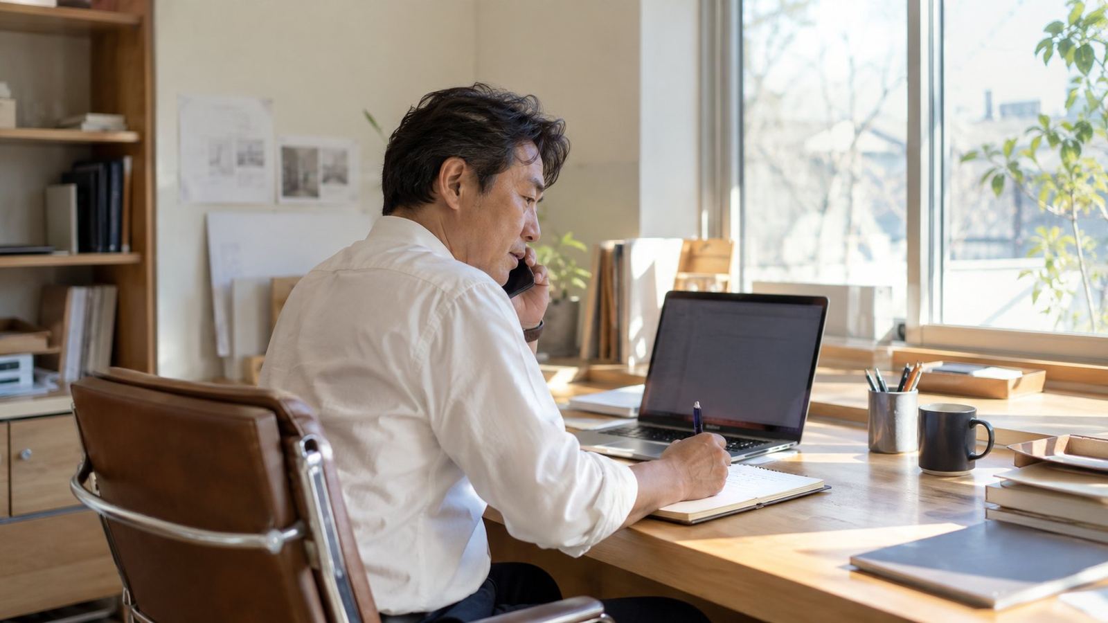 전화를 받으며 메모하는 인테리어 사장님