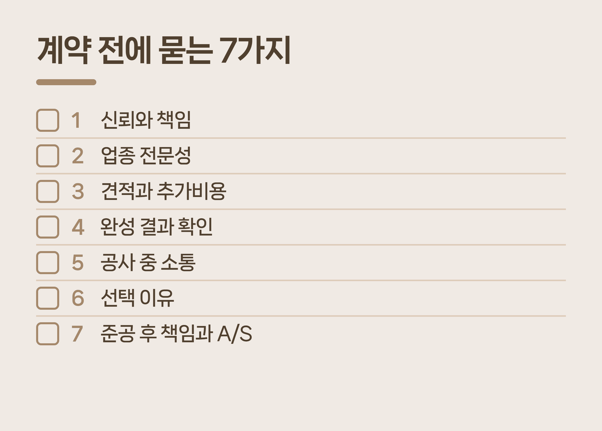 인테리어 업체 홈페이지 고객이 계약 전에 묻는 7가지 점검표